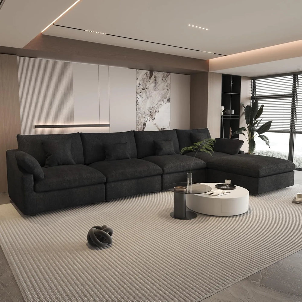 Deluxe Slope Cloud Sectional Sofas | Linen Black L-Shaped Sectionals 160" Adjustable Backrest Pillows 4-seaters