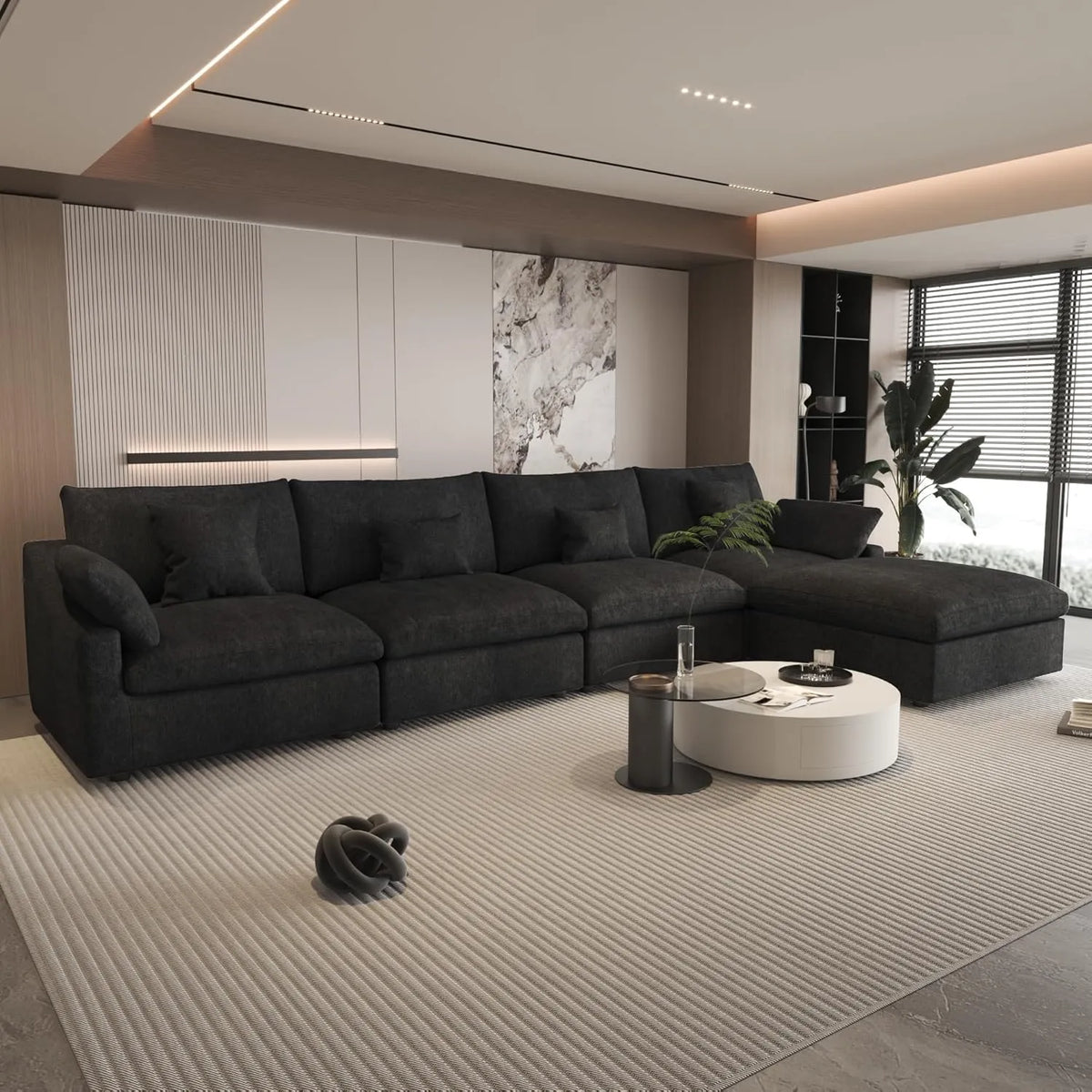 Sofá modular modular Deluxe Cloud de 4 plazas, color negro, lavable, en forma de L | 5 piezas (incluye 1 otomana), tejido de chenilla y lino, diseño modular