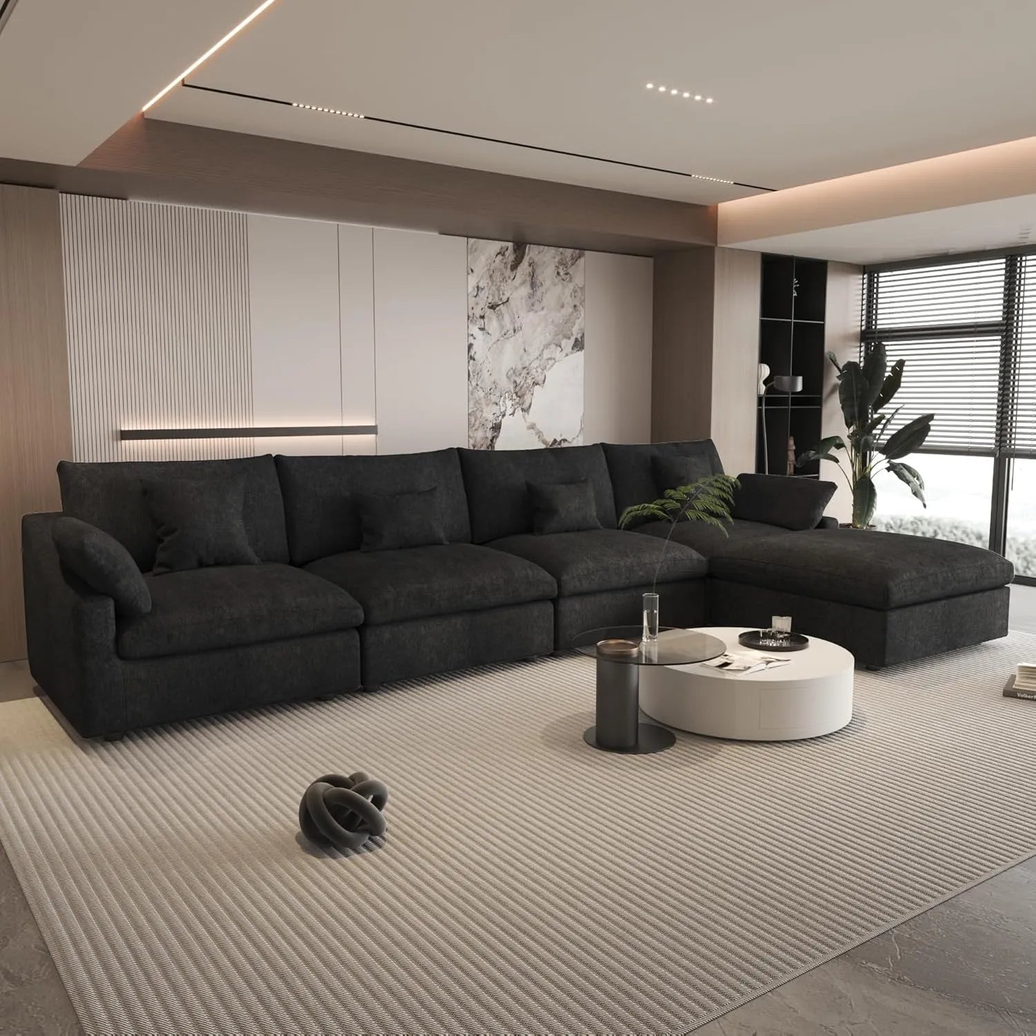 Sofá modular modular Deluxe Cloud de 4 plazas, color negro, lavable, en forma de L | 5 piezas (incluye 1 otomana), tejido de chenilla y lino, diseño modular