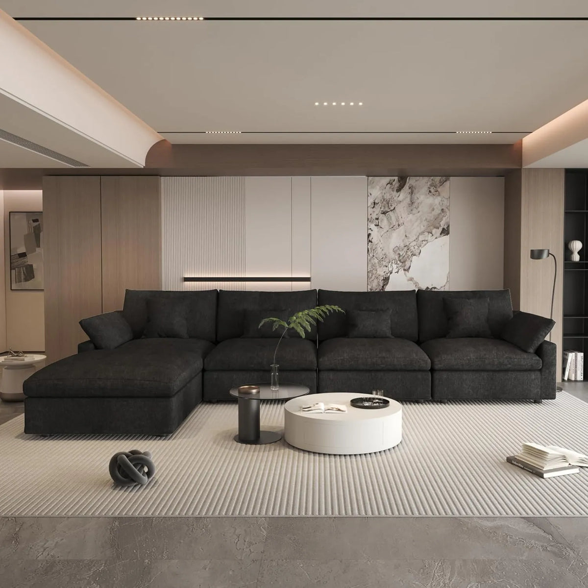 Sofá modular modular Deluxe Cloud de 4 plazas, color negro, lavable, en forma de L | 5 piezas (incluye 1 otomana), tejido de chenilla y lino, diseño modular