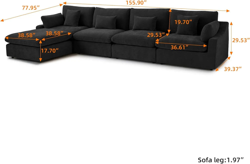 Deluxe Slope Cloud Sectional Sofas | Linen Black L-Shaped Sectionals 160" Adjustable Backrest Pillows 4-seaters