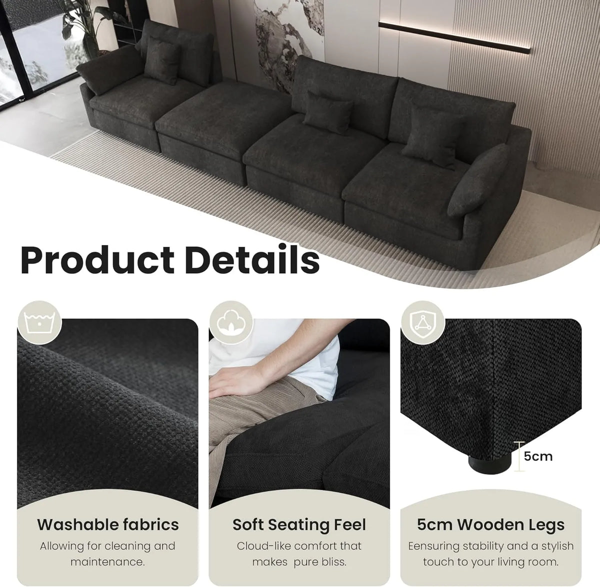 Sofá modular modular Deluxe Cloud de 4 plazas, color negro, lavable, en forma de L | 5 piezas (incluye 1 otomana), tejido de chenilla y lino, diseño modular
