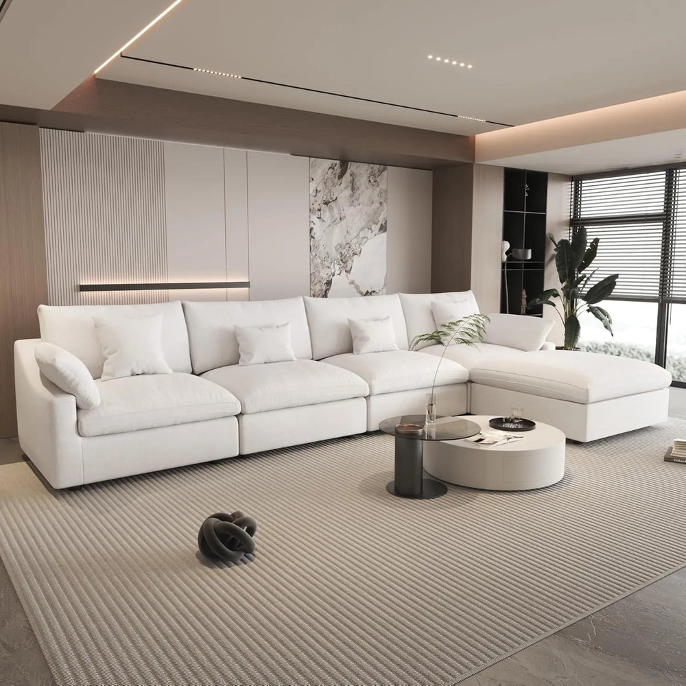 Deluxe Slope Cloud Sectional Sofas | Linen White L-Shaped Sectionals 160" Adjustable Backrest Pillows 4-seaters