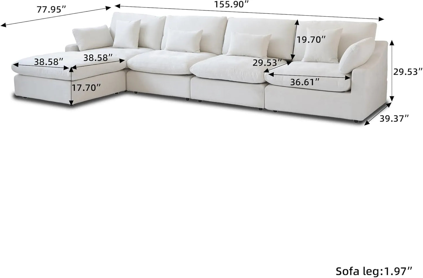 Deluxe Slope Cloud Sectional Sofas | Linen White L-Shaped Sectionals 160" Adjustable Backrest Pillows 4-seaters
