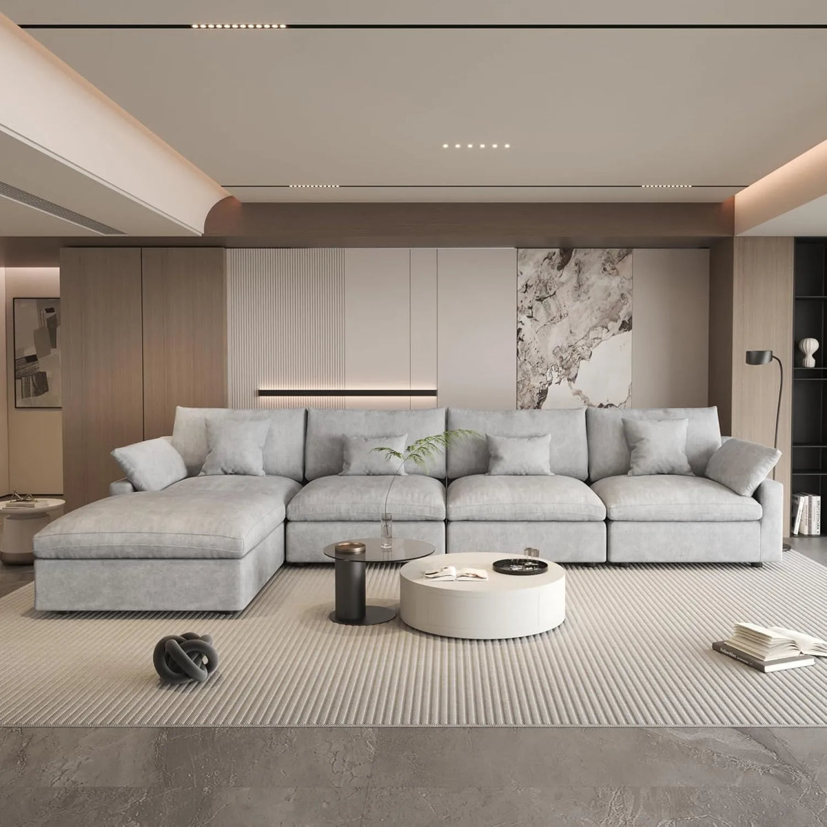 Sofá modular modular Deluxe Cloud de 4 plazas, color gris claro, lavable, en forma de L | 5 piezas (incluye 1 otomana), tejido de chenilla y lino, diseño modular