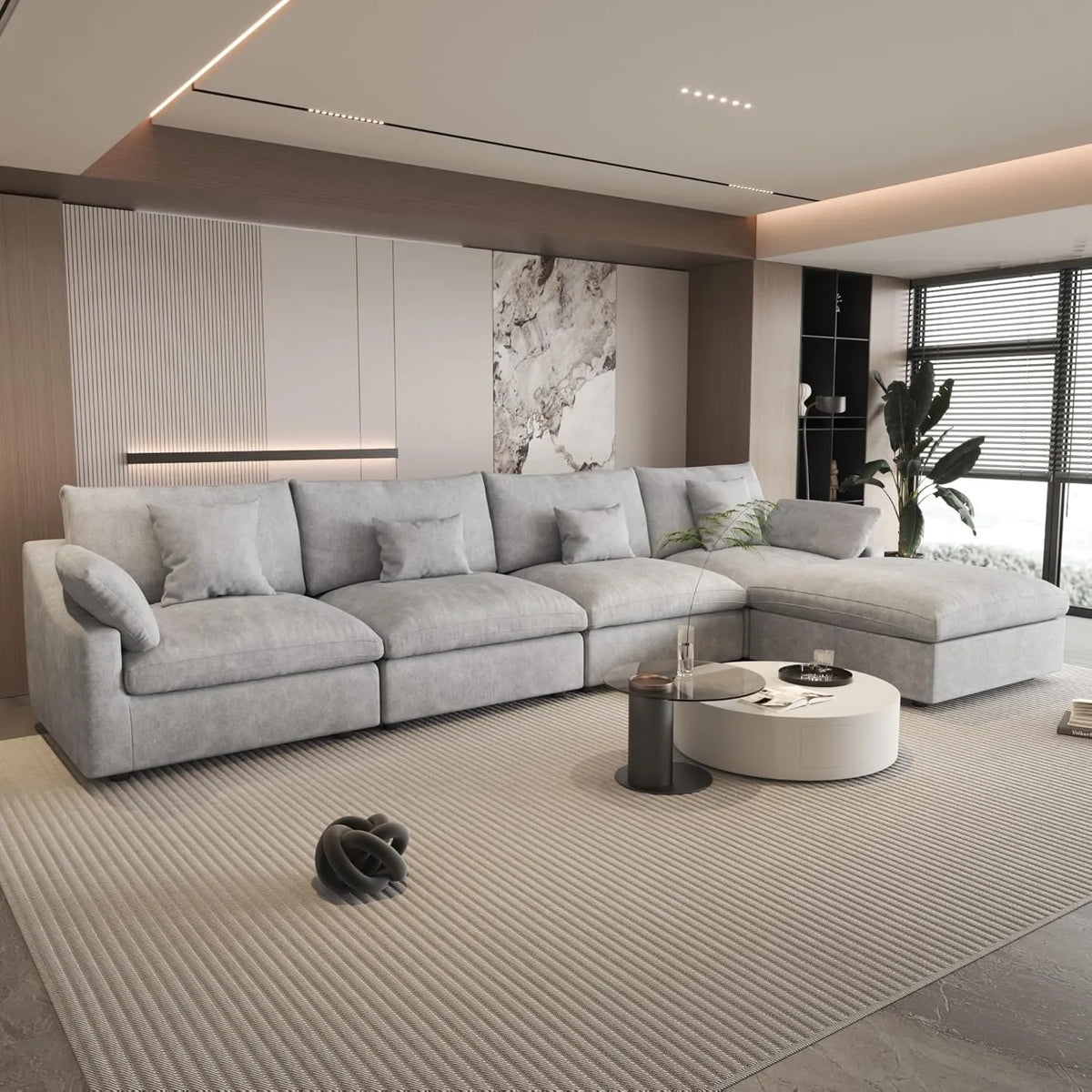Sofá modular modular Deluxe Cloud de 4 plazas, color gris claro, lavable, en forma de L | 5 piezas (incluye 1 otomana), tejido de chenilla y lino, diseño modular