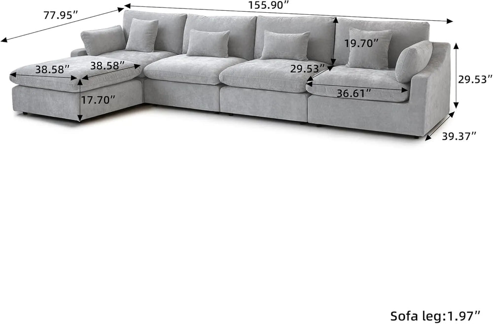 Deluxe Slope Cloud Sectional Sofas | Linen Light Grey L-Shaped Sectionals 160" Adjustable Backrest Pillows 4-seaters