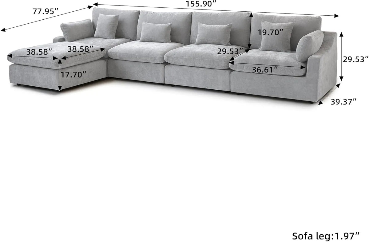 Sofá modular modular Deluxe Cloud de 4 plazas, color gris claro, lavable, en forma de L | 5 piezas (incluye 1 otomana), tejido de chenilla y lino, diseño modular