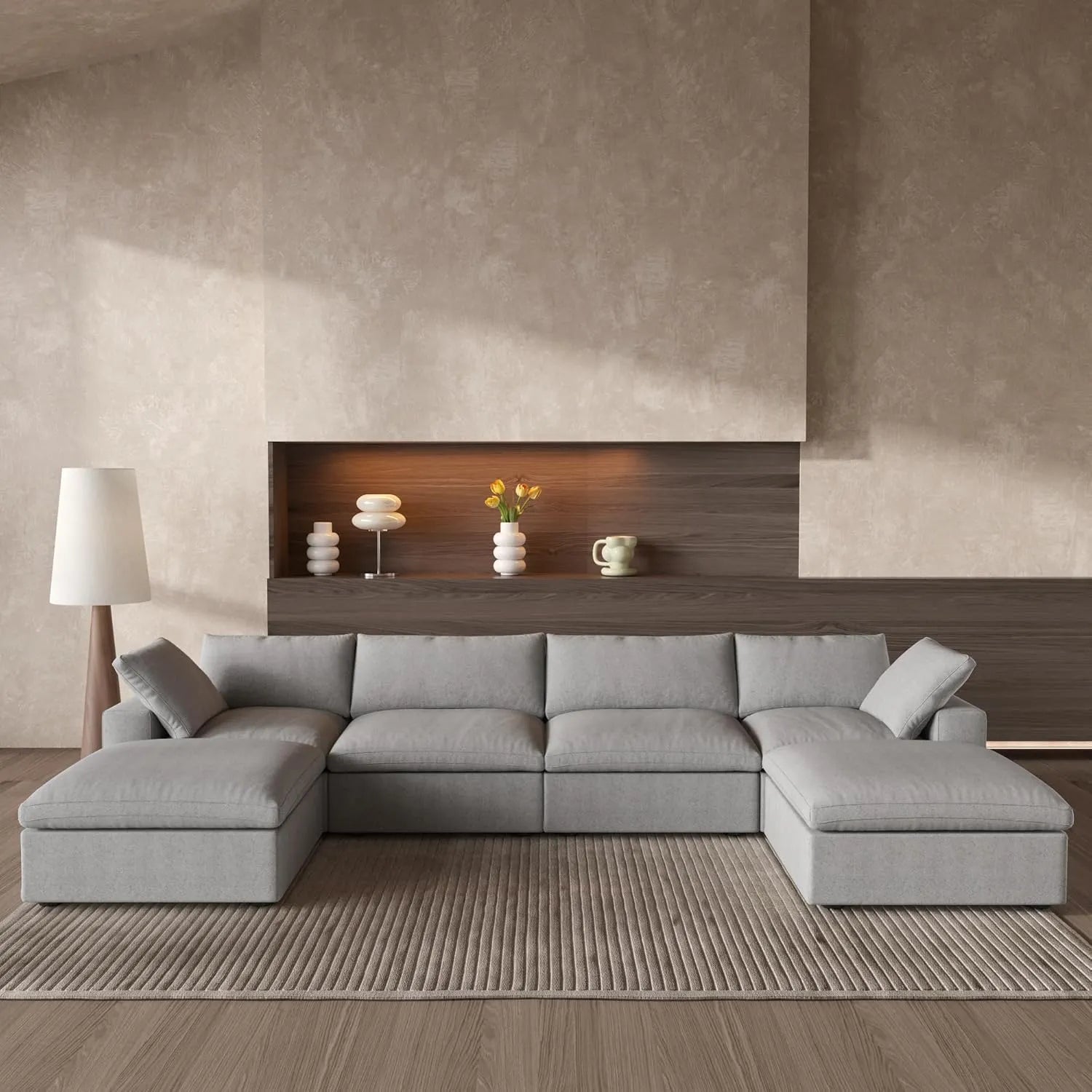 Deluxe Cloud 4-Seater Light-Grey Storage U-Shaped Sectional | 6-Piece (includes 2 Ottomans), Cotton and Linen Fabric, Washable Covers