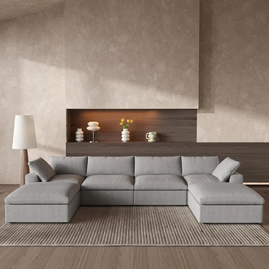 Deluxe Premium Cloud Sectional Sofas | Cotton and Linen Light Grey U-shaped Sectionals 160" Removable & Washable Covers 4-seaters