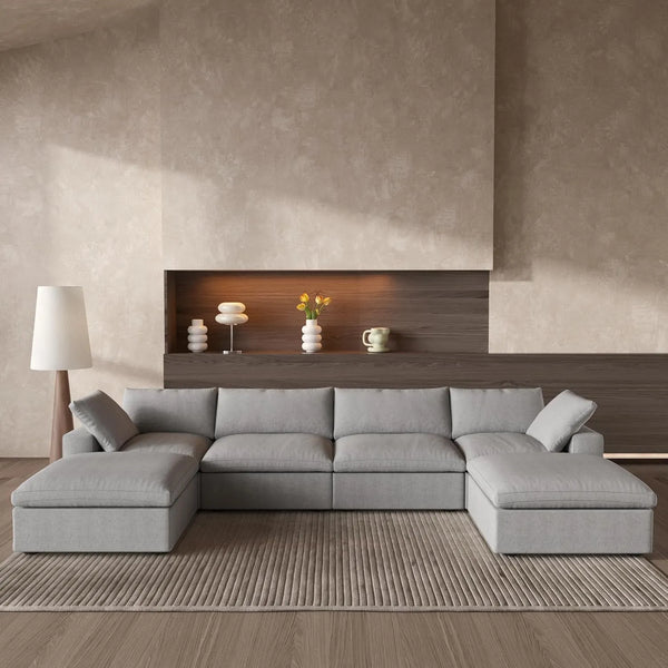 Deluxe Premium Cloud Sectional Sofas | 6-Piece Cotton and Linen Light Grey U-shaped Sectionals 160" Removable & Washable Covers 4-seater