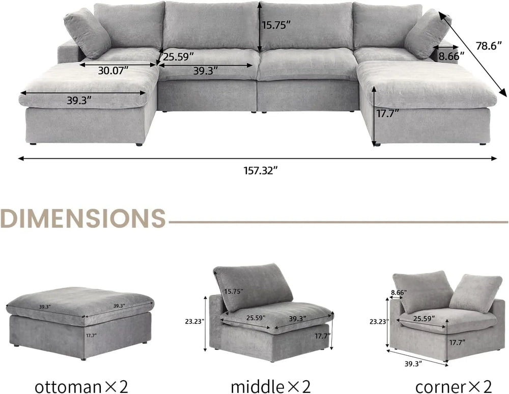 Deluxe Premium Cloud Sectional Sofas | 6-Piece Cotton and Linen Light Grey U-shaped Sectionals 160" Removable & Washable Covers 4-seaters