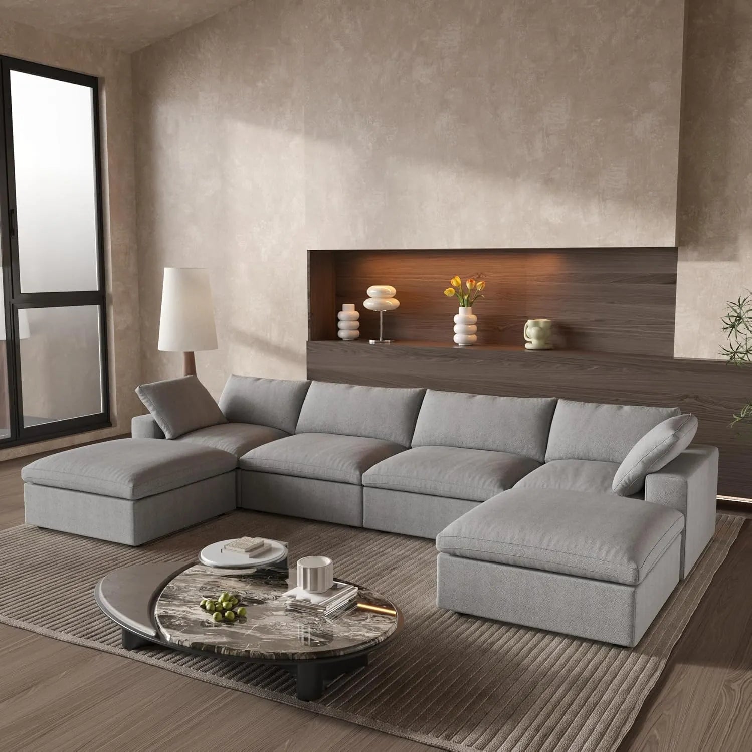Deluxe Cloud 4-Seater Light-Grey Storage U-Shaped Sectional | 6-Piece (includes 2 Ottomans), Cotton and Linen Fabric, Washable Covers