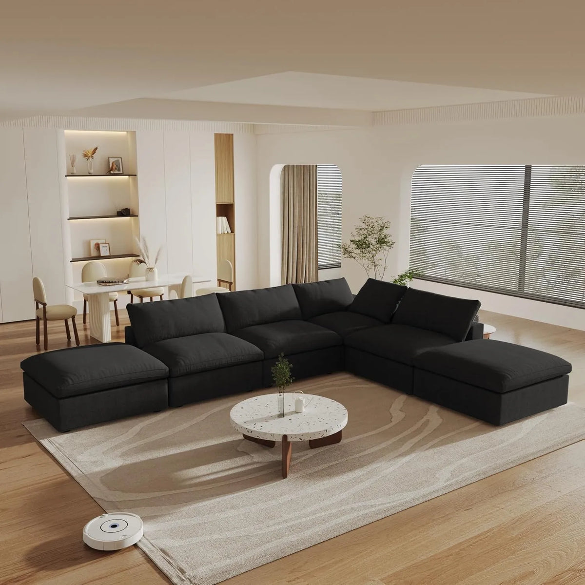 Sofá seccional en forma de L Deluxe Cloud de 4 plazas, color negro, con almacenamiento | Juego de 6 piezas (incluye 2 otomanas), tejido de algodón y lino, fundas lavables