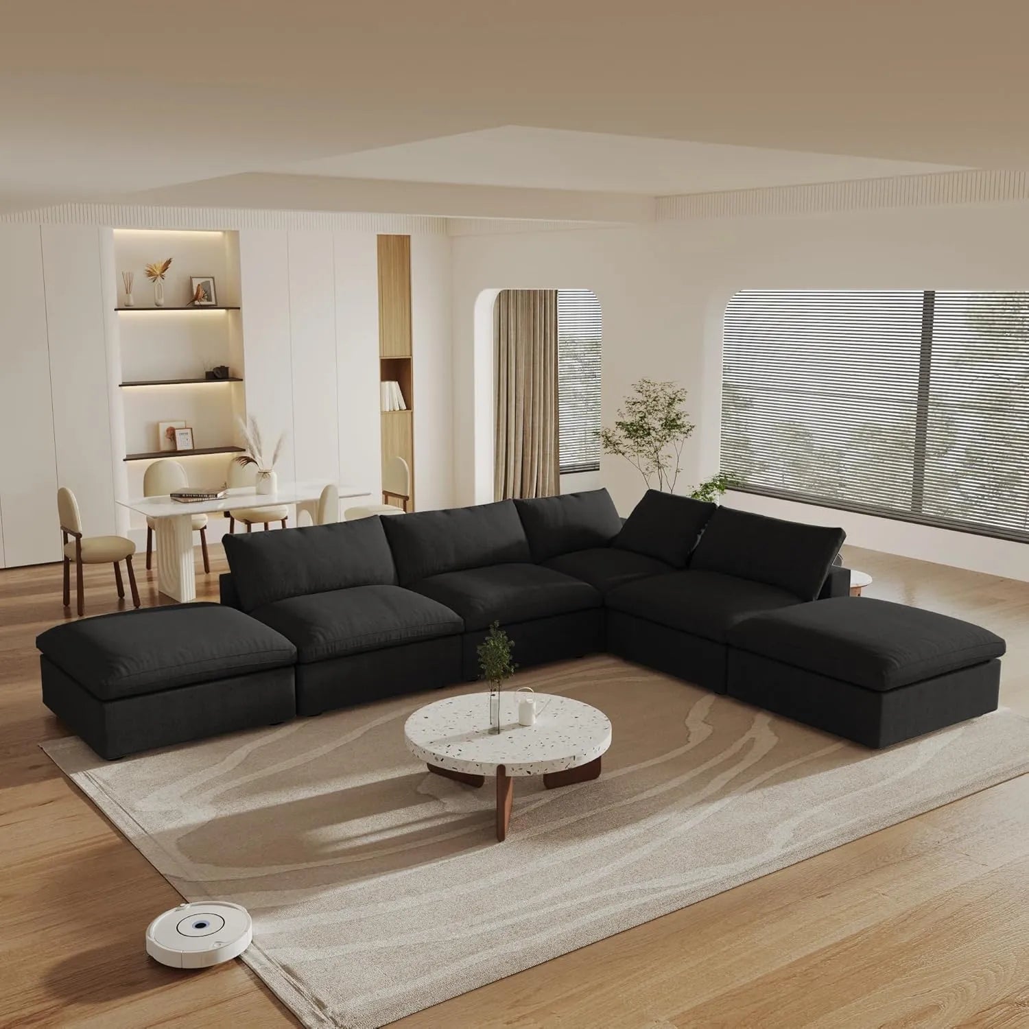 Deluxe Cloud 4-Seater Black Storage L-Shaped Sectional | 6-Piece (includes 2 Ottomans), Cotton and Linen Fabric, Washable Covers
