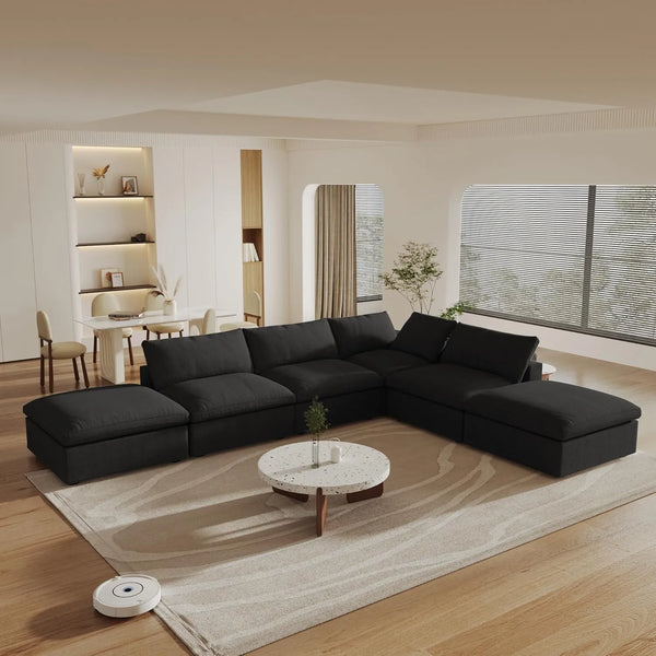 Deluxe Premium Cloud Sectional Sofas | 6-Piece Black Cotton and Linen L-Shaped Sectionals 4-seater
