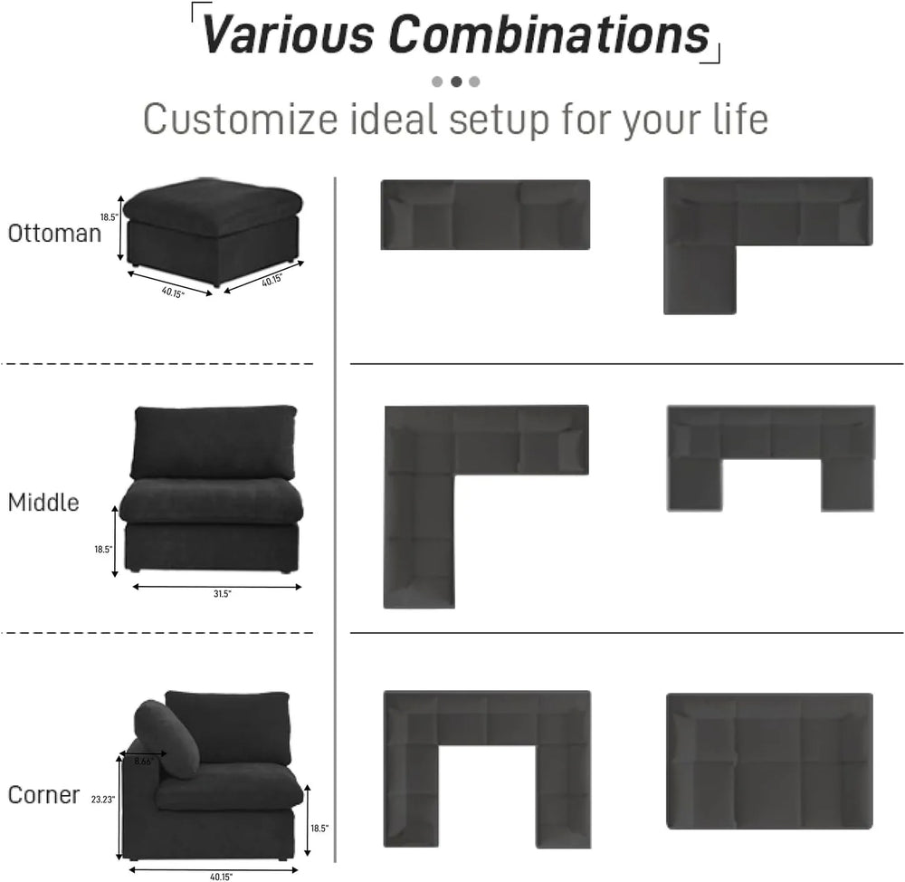 Deluxe Premium Cloud Sectional Sofas | Black Cotton and Linen Couch Sectionals 4-seaters