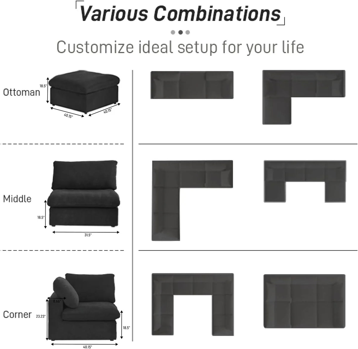 Sofá seccional en forma de L Deluxe Cloud de 4 plazas, color negro, con almacenamiento | Juego de 6 piezas (incluye 2 otomanas), tejido de algodón y lino, fundas lavables