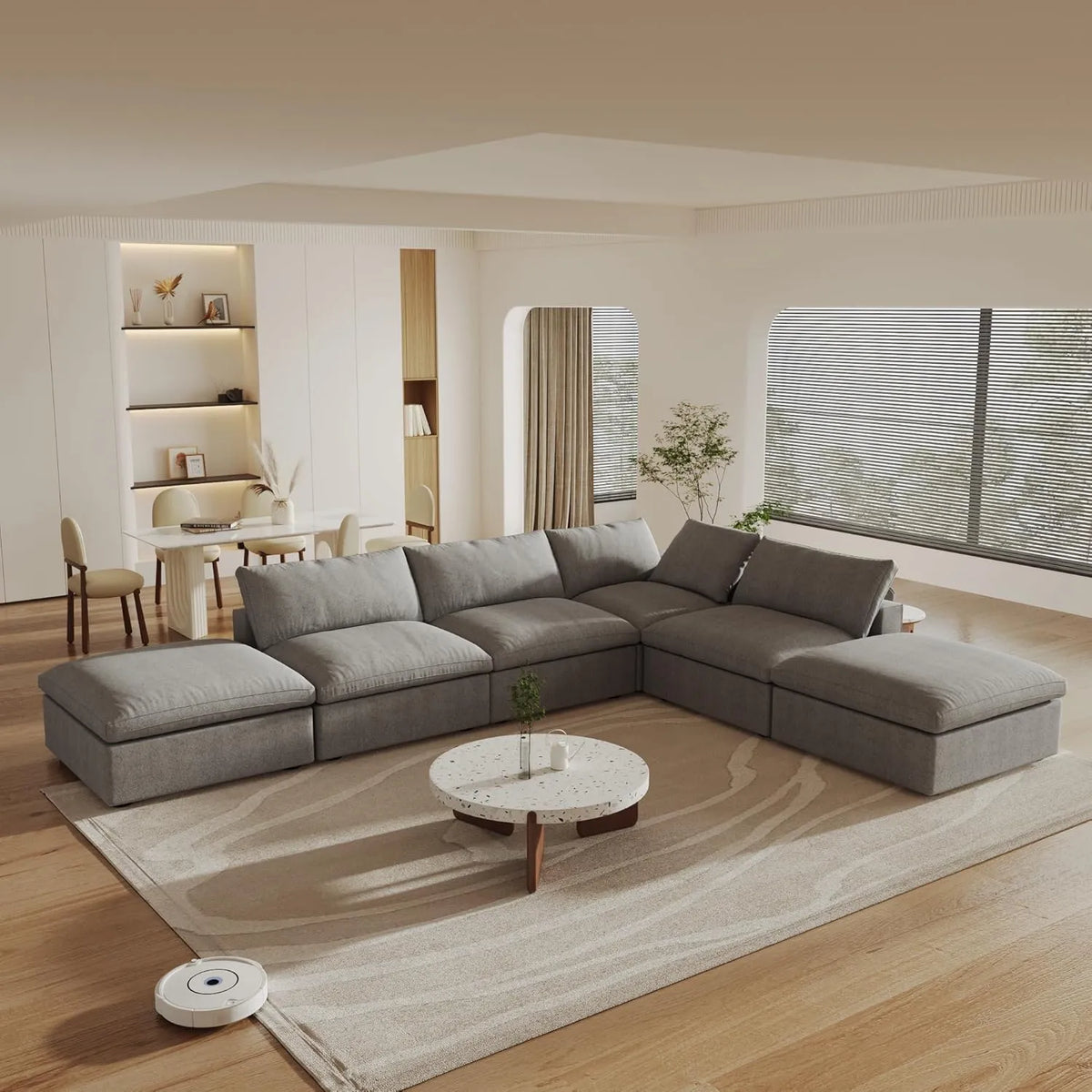 Sofá seccional en forma de L Deluxe Cloud de 4 plazas, color gris claro con almacenamiento | Juego de 6 piezas (incluye 2 otomanas), tejido de algodón y lino, fundas lavables