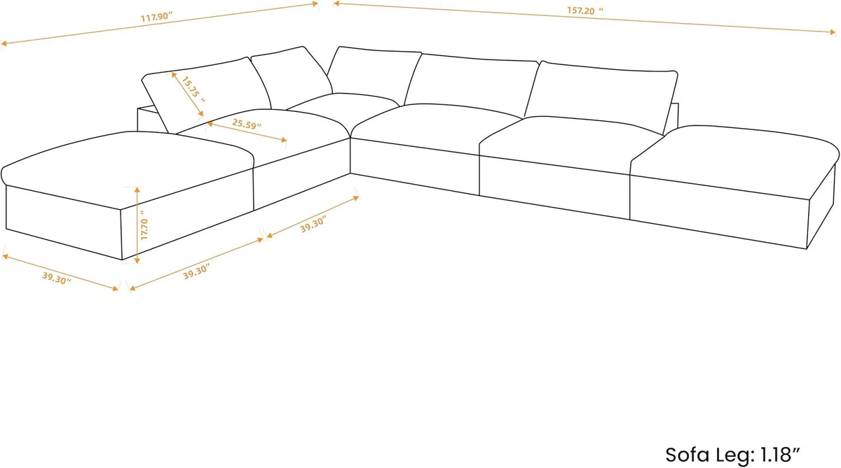 Sofá seccional en forma de L Deluxe Cloud de 4 plazas, color gris claro con almacenamiento | Juego de 6 piezas (incluye 2 otomanas), tejido de algodón y lino, fundas lavables
