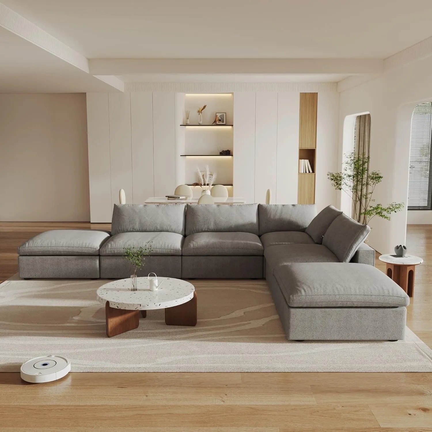 Deluxe Cloud 4-Seater Light-Grey Storage L-Shaped Sectional | 6-Piece (includes 2 Ottomans), Cotton and Linen Fabric, Washable Covers
