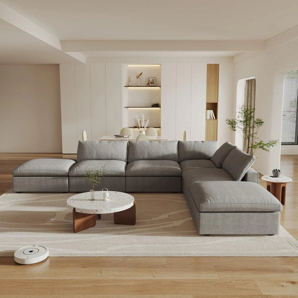 Deluxe Premium Cloud Sectional Sofas | 6-Piece Light Grey Cotton and Linen L-Shaped Sectionals 4-seater