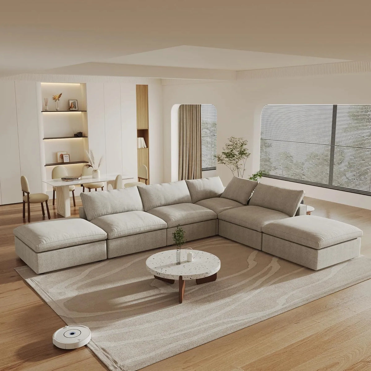 Deluxe Cloud 4-Seater Khaki Storage L-Shaped Sectional | 6-Piece (includes 2 Ottomans), Cotton and Linen Fabric, Washable Covers