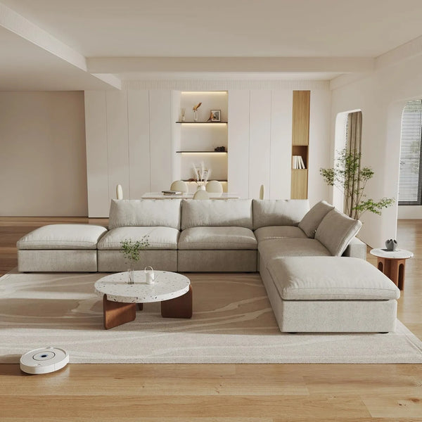 Deluxe Premium Cloud Sectional Sofas | 6-Piece Khaki Cotton and Linen L-Shaped Sectionals 4-seater