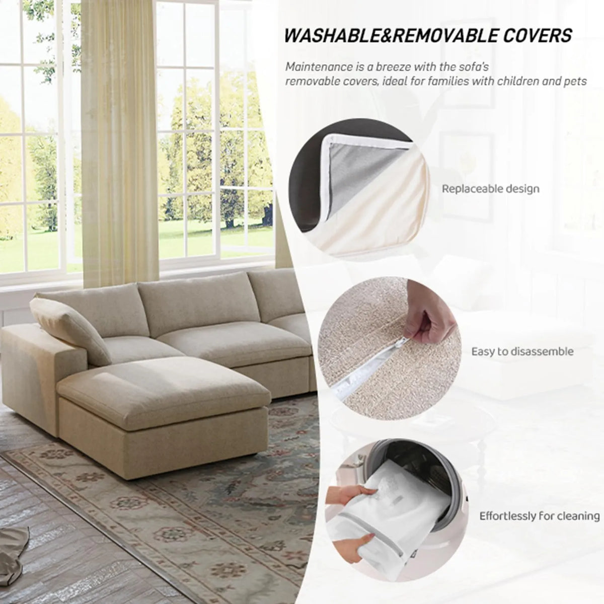 Deluxe Cloud 4-Seater Khaki Storage L-Shaped Sectional | 6-Piece (includes 2 Ottomans), Cotton and Linen Fabric, Washable Covers