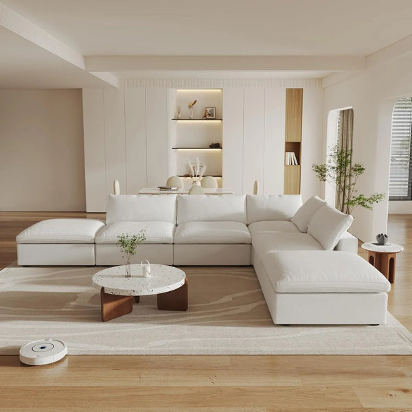 Deluxe Premium Cloud Sectional Sofas | 6-Piece White Cotton and Linen L-Shaped Sectionals 4-seater