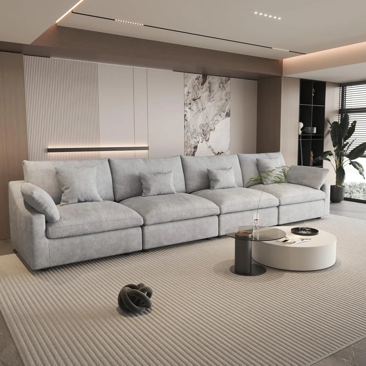 Deluxe Slope Cloud Sectional Sofas | Linen Light Grey Couch Sectionals 160" Adjustable Backrest Pillows 4-seaters