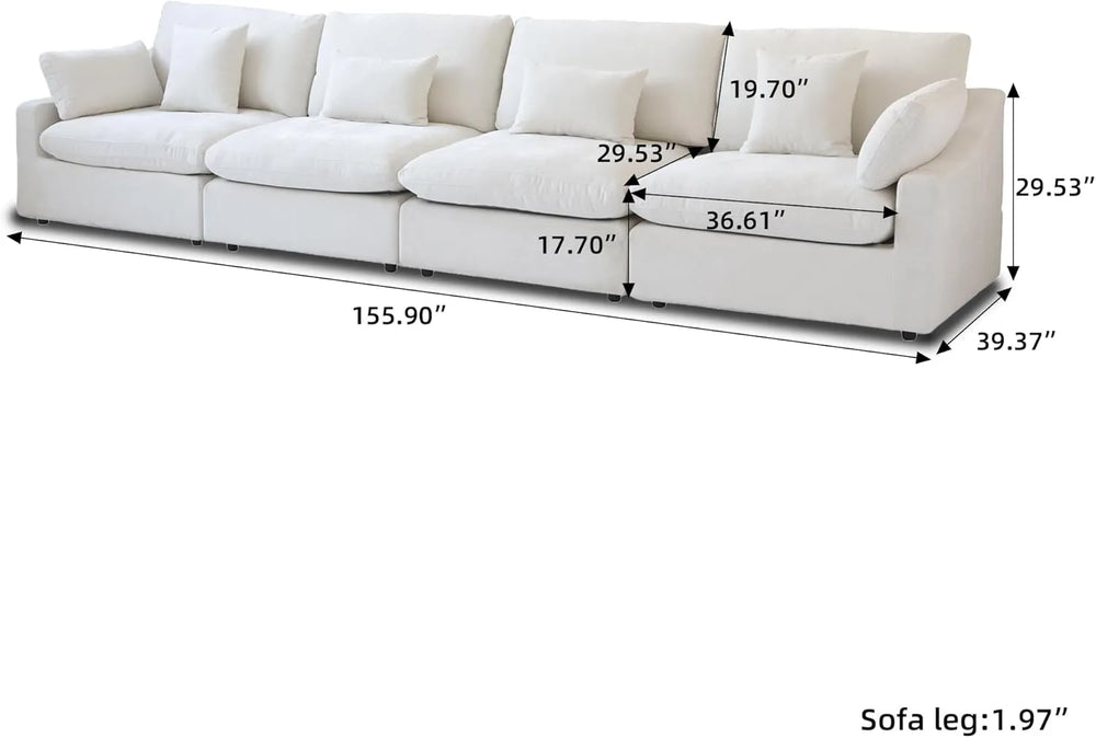 Deluxe Slope Cloud Sectional Sofas | Linen White Couch Sectionals 160" Adjustable Backrest Pillows 4-seaters