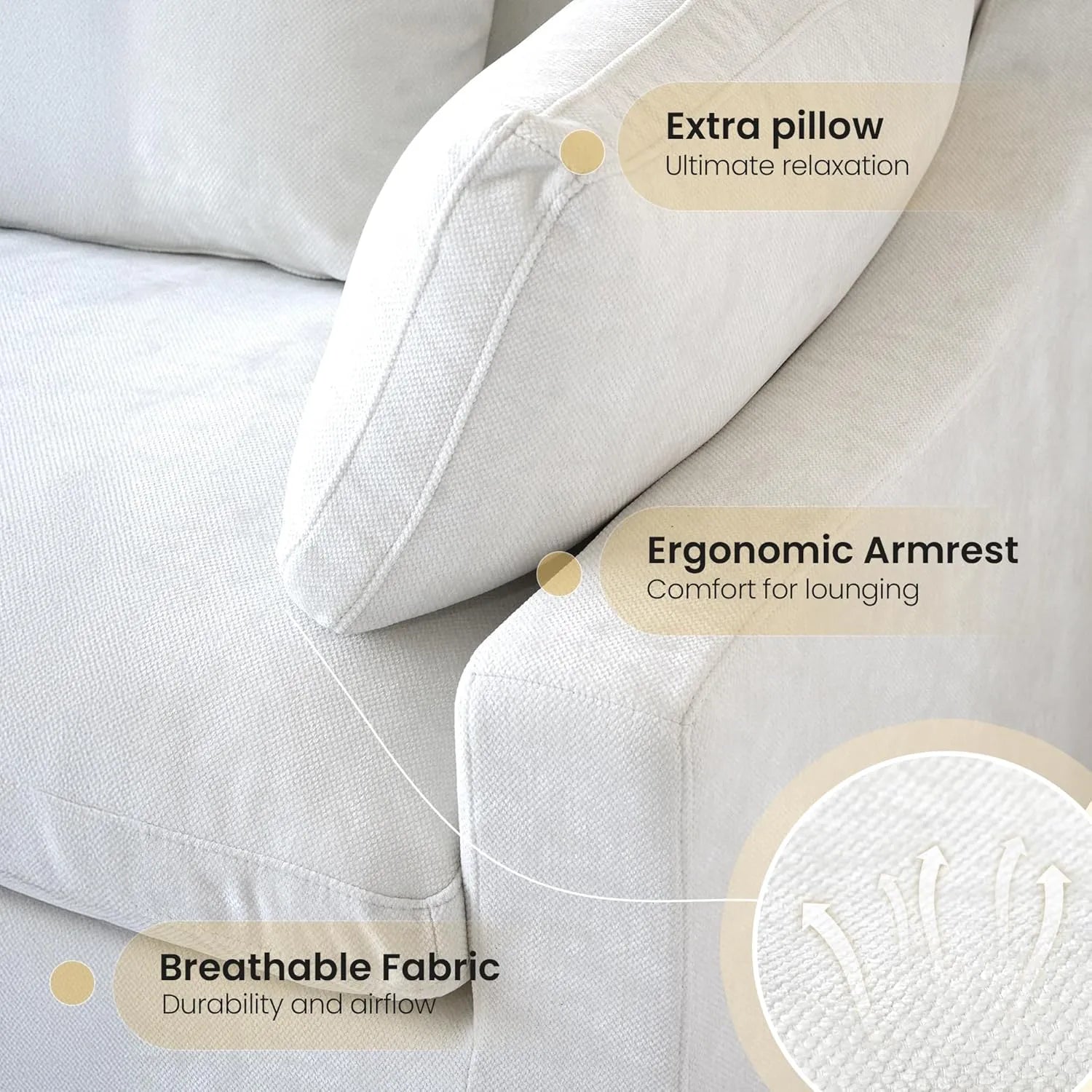 Deluxe Cloud 4-Seater White Washable Couch Sectional | 4-Piece, Chenille and Linen Fabric, Modular Design
