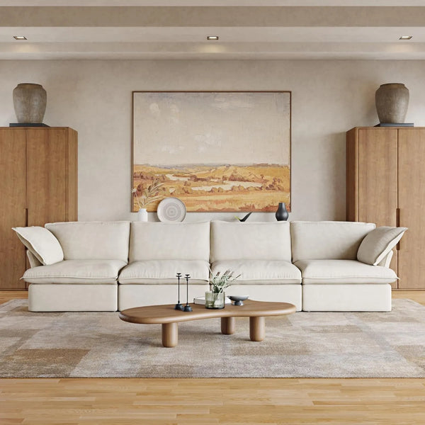 Sofás seccionales de lujo de lino Cloud | Sofá seccional de 4 piezas de algodón y lino beige de 4 plazas