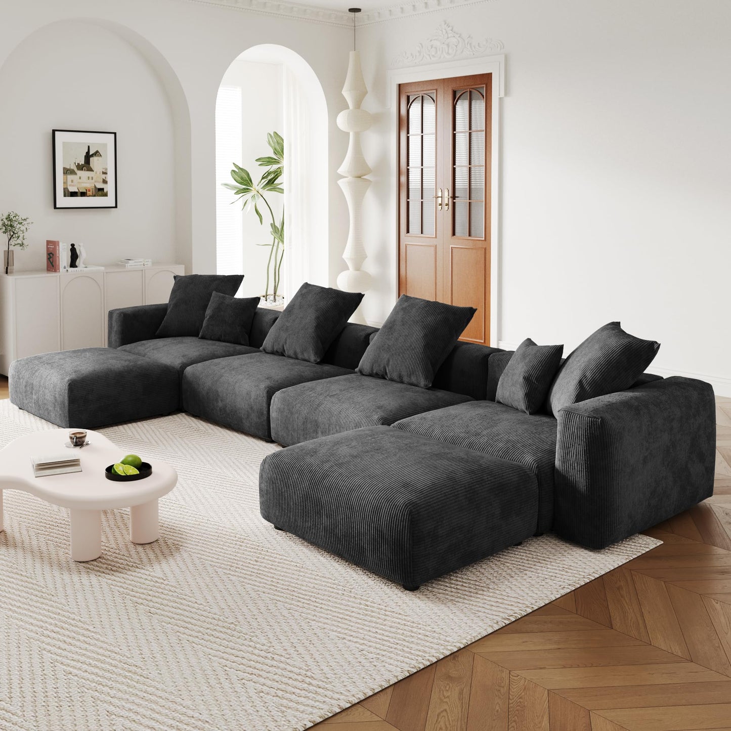 Modular Sectional Couch Sofa with 4 Pillows, 102" L Shaped Sofa Couch with Chaise Ottomans,Corduroy Fabric Couches (Beige)