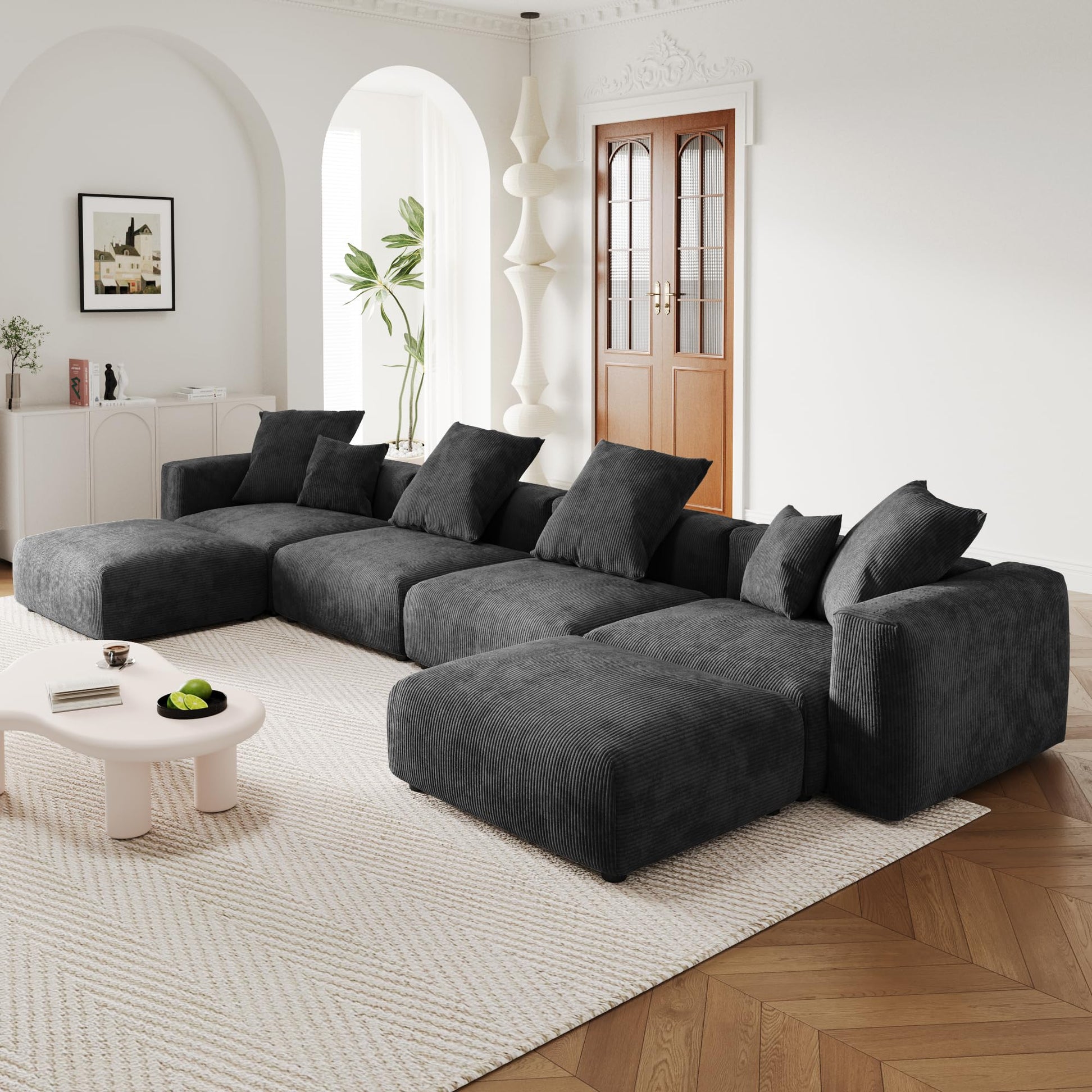 Modular Sectional Couch Sofa with 4 Pillows, 102" L Shaped Sofa Couch with Chaise Ottomans,Corduroy Fabric Couches (Beige)