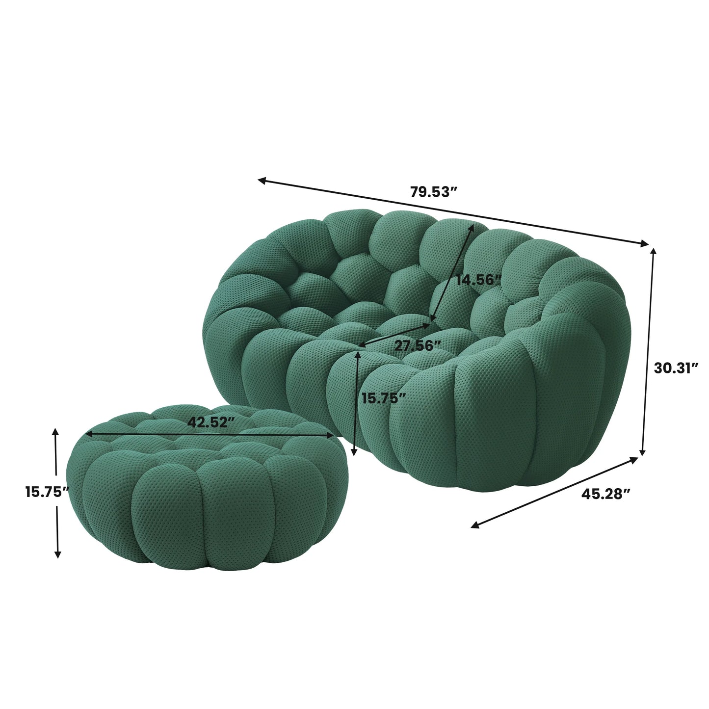 Sofás Essential Arc Boneless | Chaise longue seccional de dos piezas en tejido de punto 3D verde con 1 otomana