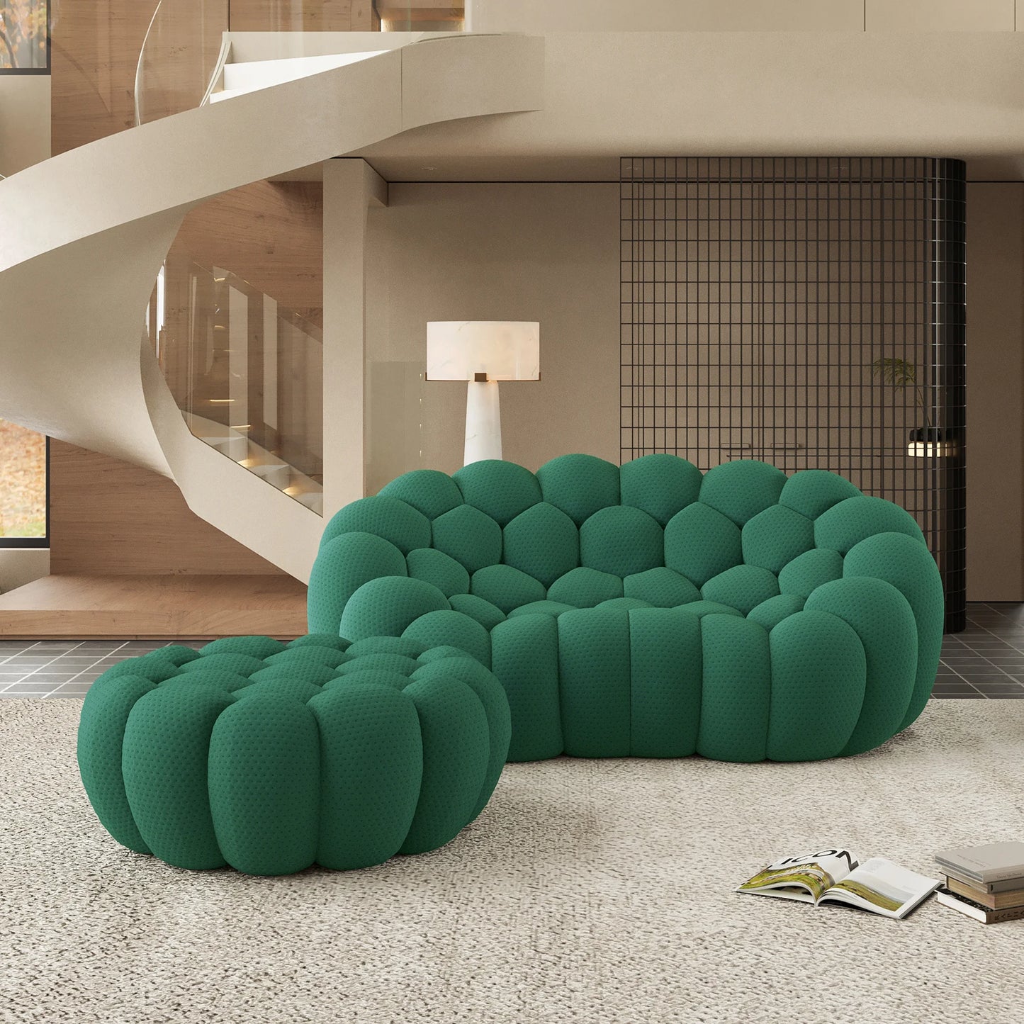 Sofás Essential Arc Boneless | Chaise longue seccional de dos piezas en tejido de punto 3D verde con 1 otomana