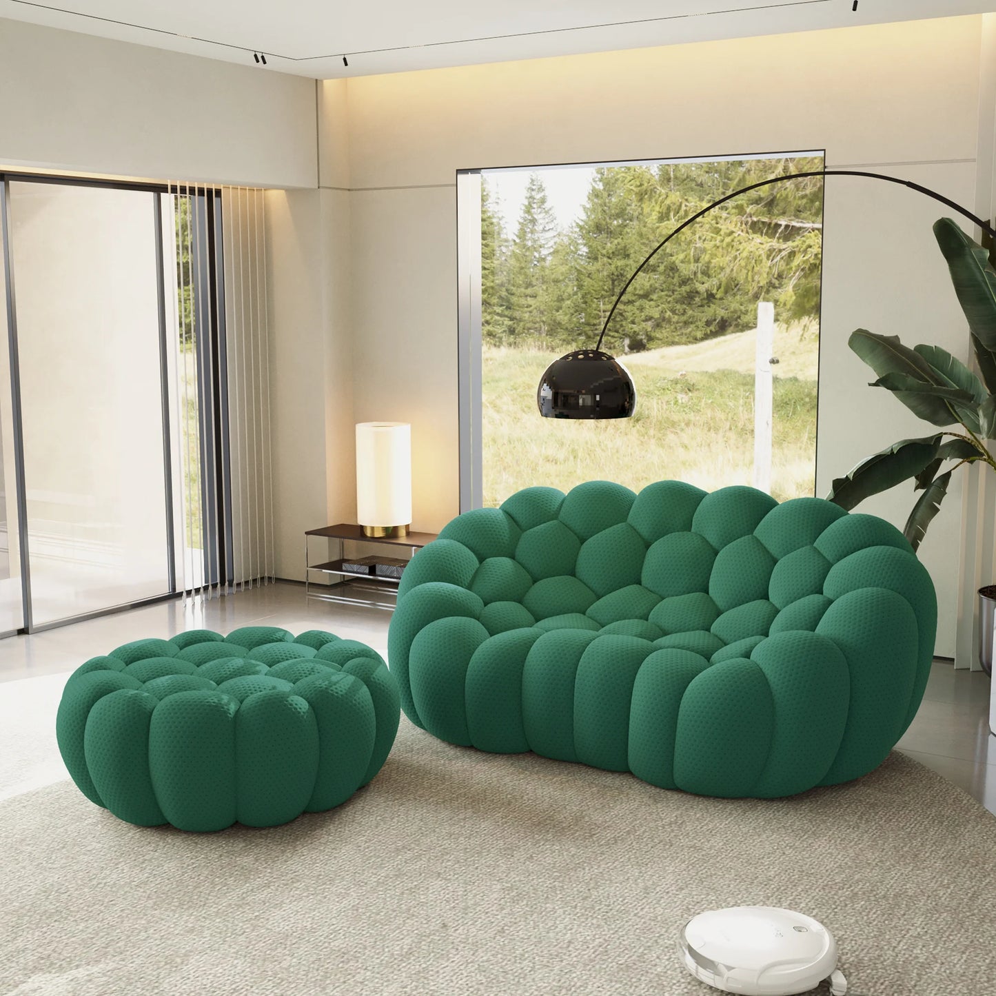 Sofás Essential Arc Boneless | Chaise longue seccional de dos piezas en tejido de punto 3D verde con 1 otomana