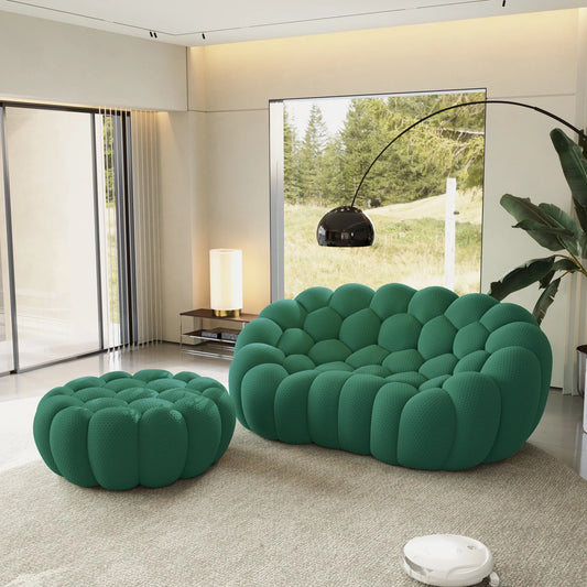 Sofás Essential Arc Boneless | Chaise longue seccional de dos piezas en tejido de punto 3D verde con 1 otomana