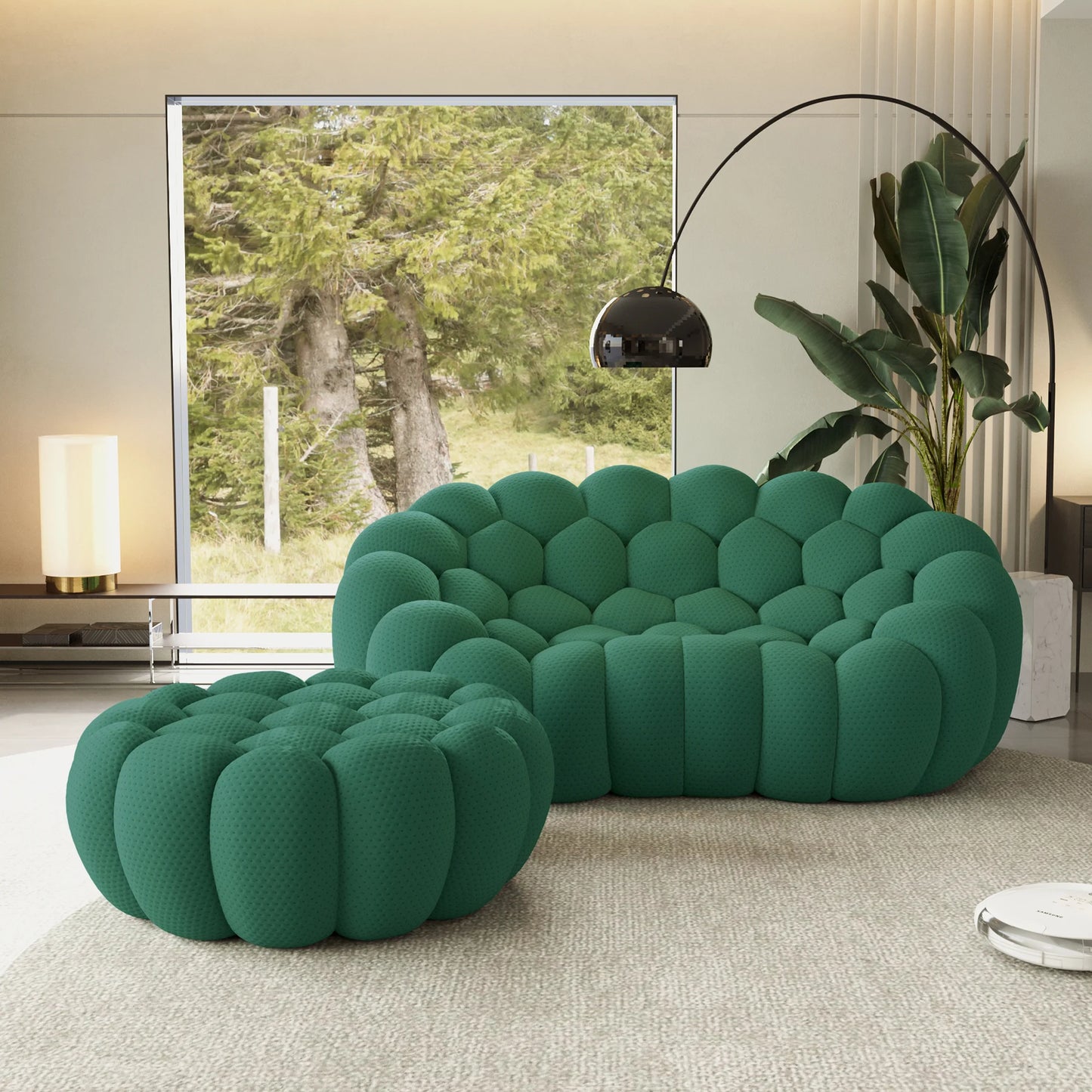 Sofás Essential Arc Boneless | Chaise longue seccional de dos piezas en tejido de punto 3D verde con 1 otomana