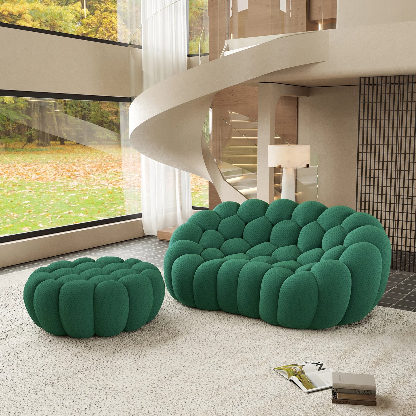Sofás Essential Arc Boneless | Chaise longue seccional de dos piezas en tejido de punto 3D verde con 1 otomana
