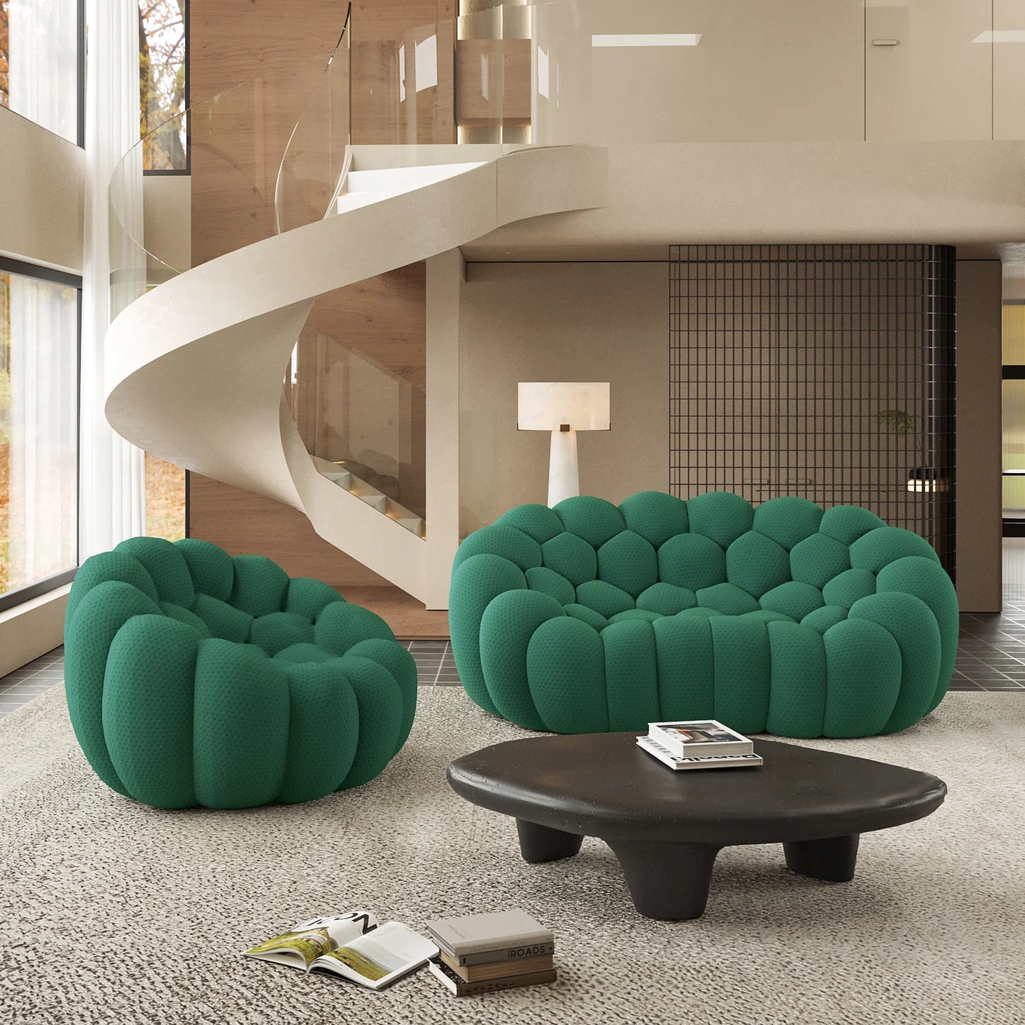 Sofás Essential Arc Boneless | Seccionales de 2 piezas en forma de L de tejido de punto 3D verde de 3 plazas