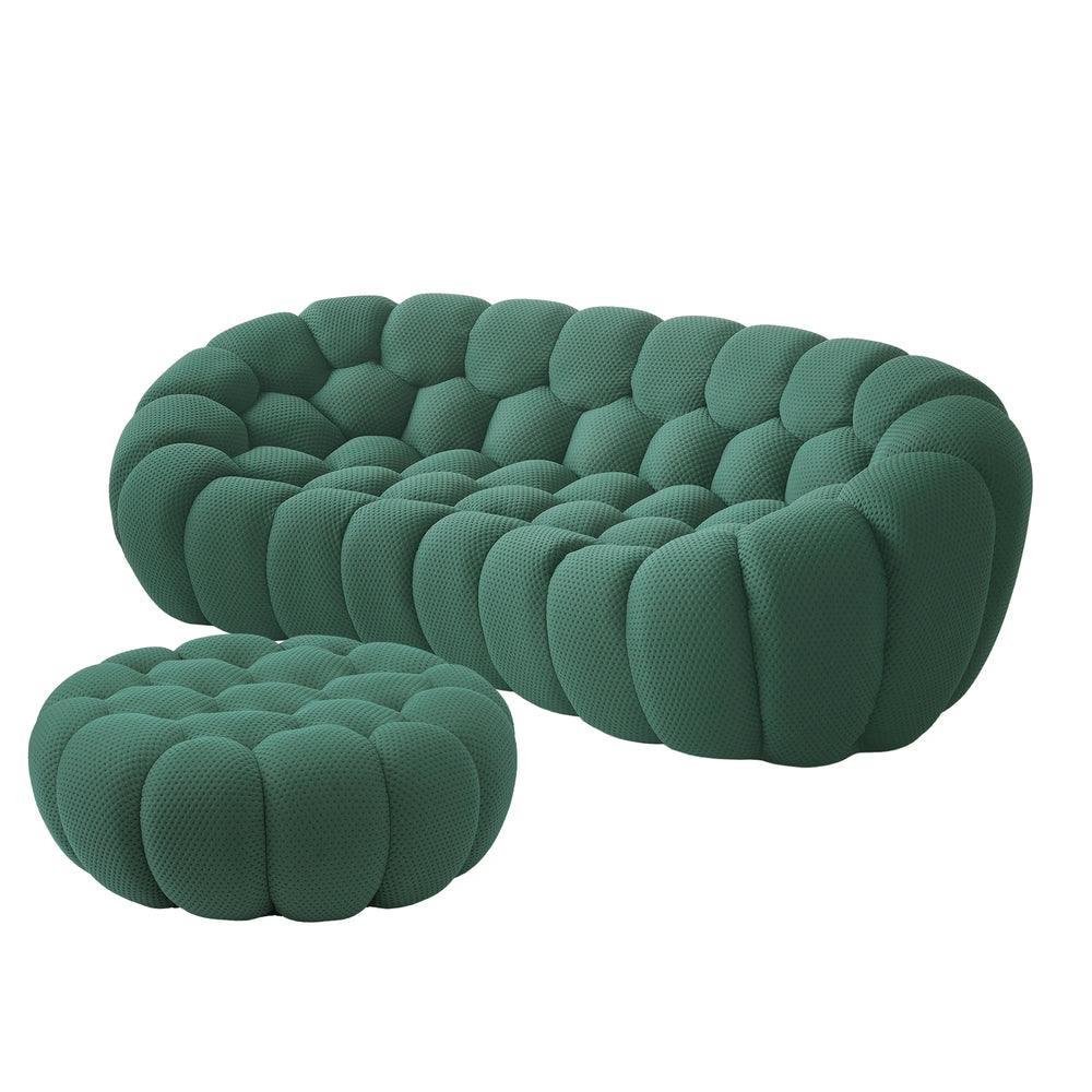 Sofás Essential Arc Boneless | Seccionales de 2 piezas en forma de L de tejido de punto 3D verde, 3 plazas y 1 otomana