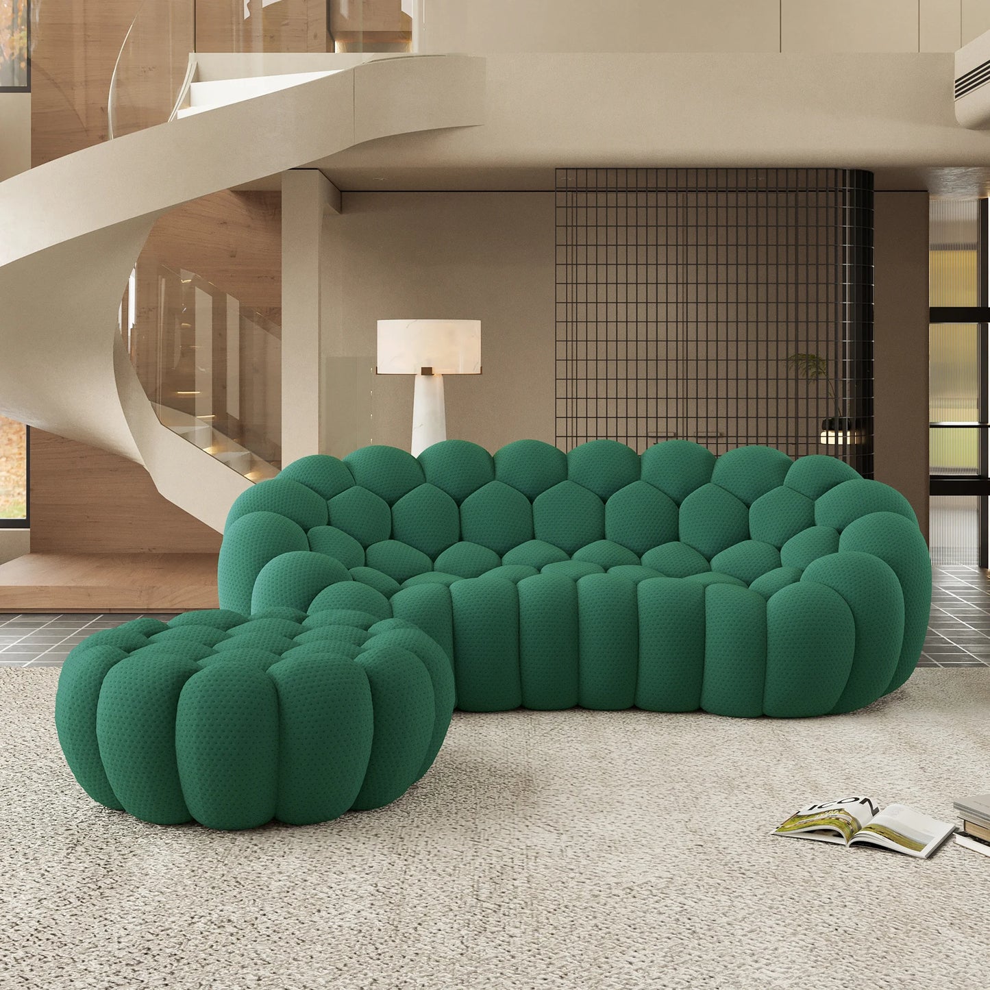 Sofás Essential Arc Boneless | Seccionales de 2 piezas en forma de L de tejido de punto 3D verde, 3 plazas y 1 otomana