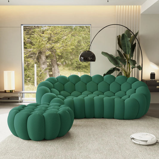 Sofás Essential Arc Boneless | Seccionales de 2 piezas en forma de L de tejido de punto 3D verde, 3 plazas y 1 otomana