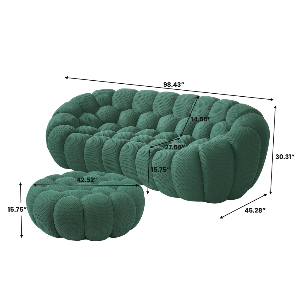 Sofás Essential Arc Boneless | Seccionales de 2 piezas en forma de L de tejido de punto 3D verde, 3 plazas y 1 otomana
