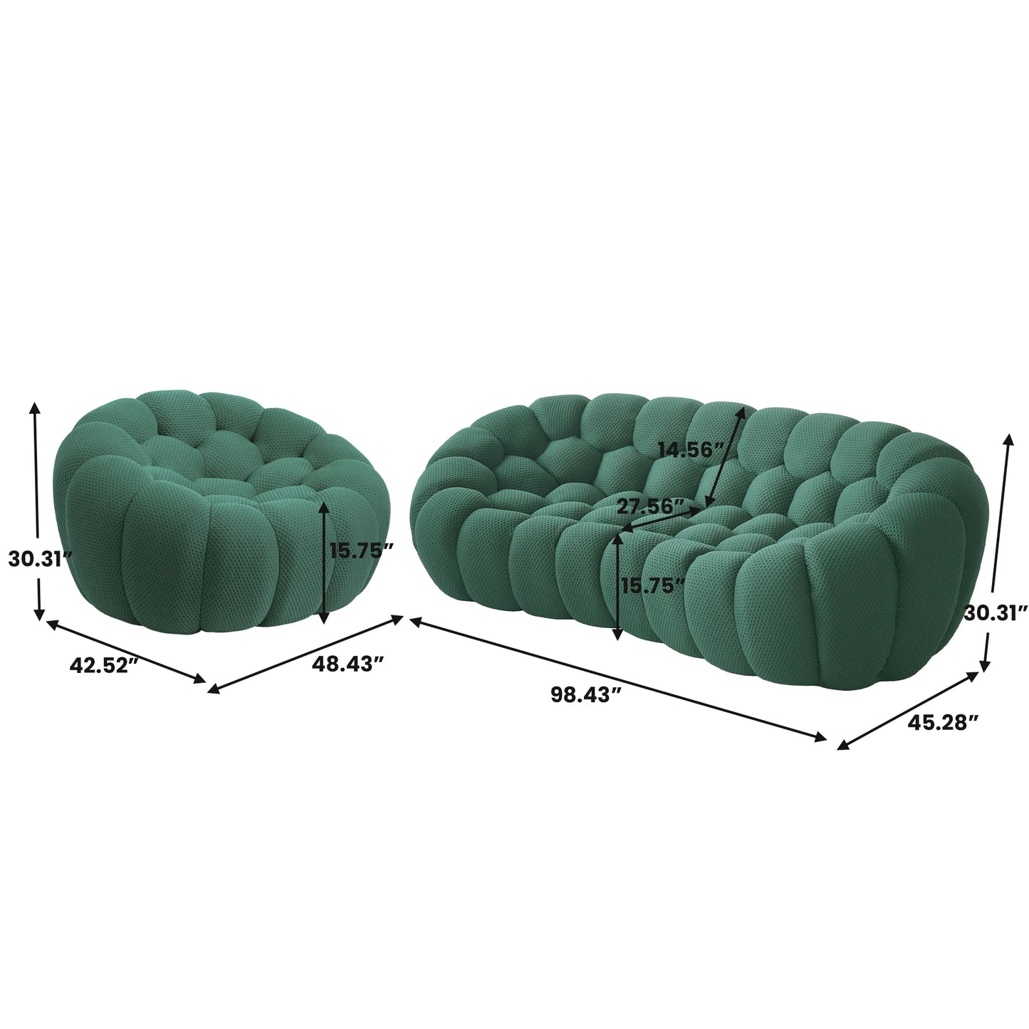 Sofás Essential Arc Boneless | Seccionales en forma de L de 2 piezas con tejido de punto 3D verde, 4 plazas