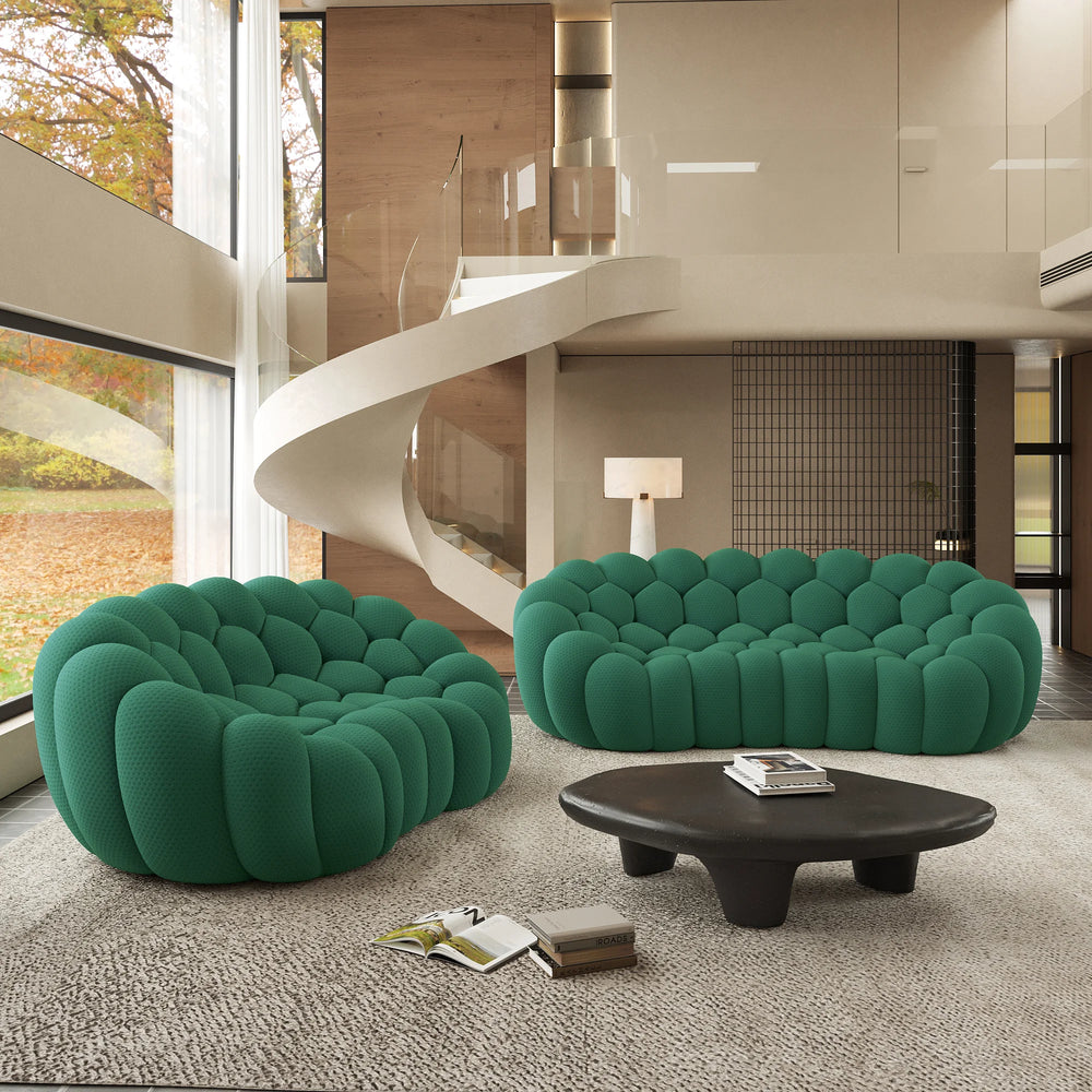 Sofás Essential Arc Boneless | Seccionales de 2 piezas en forma de L de 5 plazas con tejido de punto 3D verde