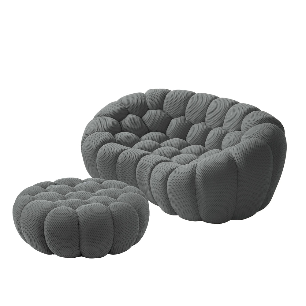 Sofás Essential Arc Boneless | Chaise longue seccional de dos piezas en tejido de punto 3D gris, con 1 otomana